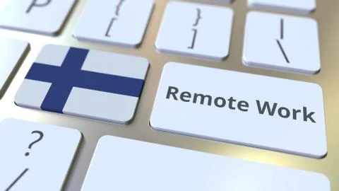 Remote Work text and flag of Finland on the computer keyboard. Telecommuting or Stock Illustration