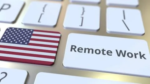 Remote Work text and flag of the USA on the computer keyboard. Telecommuting or Stock Illustration