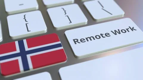 Remote Work text and flag of Norway on the computer keyboard. Telecommuting or Stock Illustration