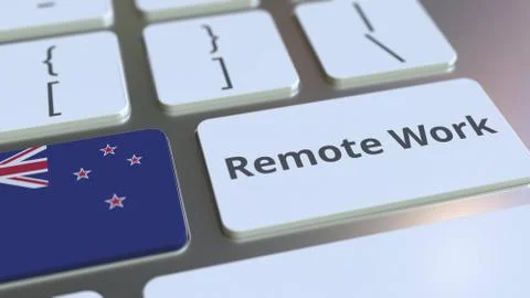Remote Work text and flag of New Zealand on the computer keyboard. Telecommuting Illustrazione stock