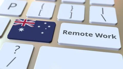Remote Work text and flag of Australia on the computer keyboard. Telecommuting Illustrazione stock
