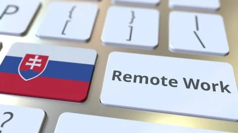 Remote Work text and flag of Slovakia on the computer keyboard. Telecommuting or Stock Illustration