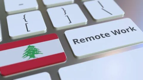 Remote Work text and flag of Lebanon on the computer keyboard. Telecommuting or Illustrazione stock