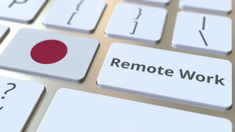 Remote Work text and flag of Japan on the computer keyboard. Telecommuting or Illustrazione stock