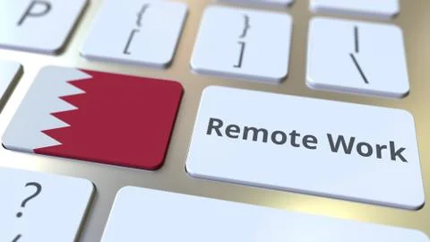 Remote Work text and flag of Bahrain on the computer keyboard. Telecommuting or Stock Illustration