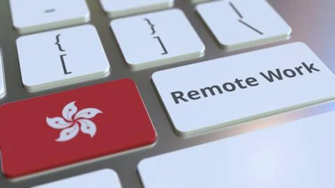 Remote Work text and flag of Hong Kong on the computer keyboard. Telecommuting Stock Illustration