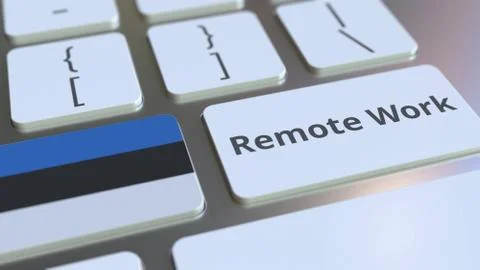 Remote Work text and flag of Estonia on the computer keyboard. Telecommuting or Stock Illustration