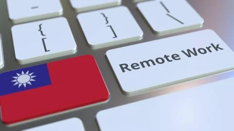 Remote Work text and flag of Taiwan on the computer keyboard. Telecommuting or Illustrazione stock