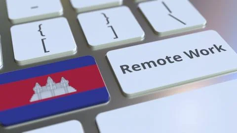 Remote Work text and flag of Cambodia on the computer keyboard. Telecommuting or Illustrazione stock