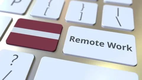 Remote Work text and flag of Latvia on the computer keyboard. Telecommuting or Stock Illustration