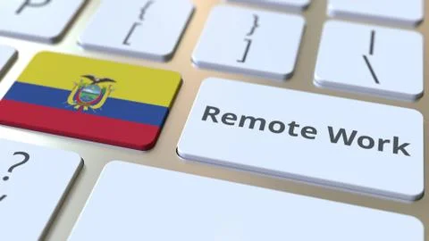 Remote Work text and flag of Ecuador on the computer keyboard. Telecommuting or Illustrazione stock