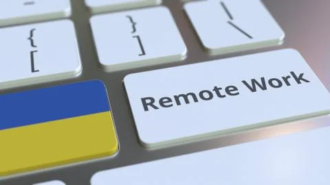 Remote Work text and flag of Ukraine on the computer keyboard. Telecommuting or 스톡 일러스트
