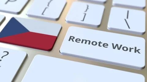 Remote Work text and flag of the Czech Republic on the computer keyboard Stock Illustration