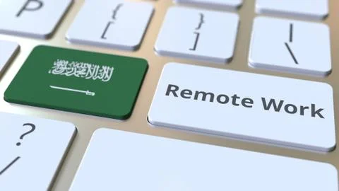 Remote Work text and flag of Saudi Arabia on the computer keyboard Illustrazione stock