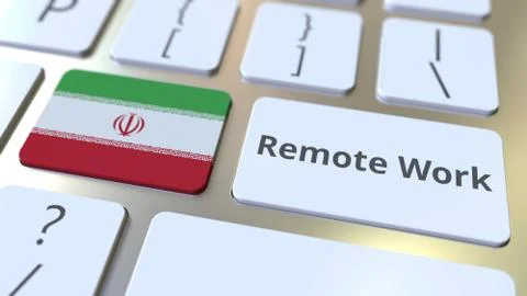 Remote Work text and flag of Iran on the computer keyboard. Telecommuting or Illustrazione stock
