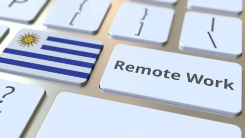 Remote Work text and flag of Uruguay on the computer keyboard. Telecommuting or Stock Illustration