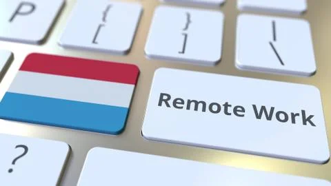 Remote Work text and flag of Luxembourg on the computer keyboard. Telecommuting Stock Illustration