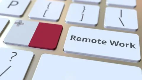 Remote Work text and flag of Malta on the computer keyboard. Telecommuting or 스톡 일러스트