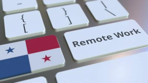 Remote Work text and flag of Panama on the computer keyboard. Telecommuting or Stock Illustration