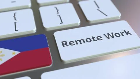 Remote Work text and flag of Philippines on the computer keyboard. Telecommuting Illustrazione stock