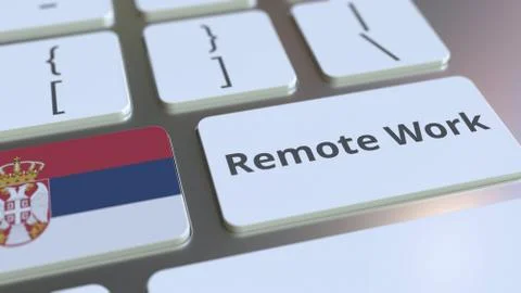Remote Work text and flag of Serbia on the computer keyboard. Telecommuting or Stock Illustration