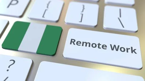 Remote Work text and flag of Nigeria on the computer keyboard. Telecommuting or Illustrazione stock