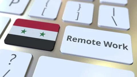 Remote Work text and flag of Syria on the computer keyboard. Telecommuting or Stock Illustration