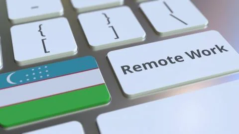Remote Work text and flag of Uzbekistan on the computer keyboard. Telecommuting 스톡 일러스트