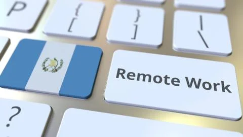 Remote Work text and flag of Guatemala on the computer keyboard. Telecommuting Stock Illustration