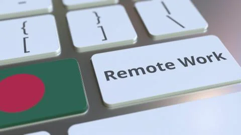Remote Work text and flag of Bangladesh on the computer keyboard. Telecommuting Stock Illustration