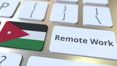 Remote Work text and flag of Jordan on the computer keyboard. Telecommuting or Stock Illustration