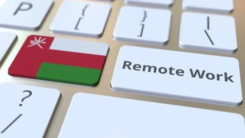 Remote Work text and flag of Oman on the computer keyboard. Telecommuting or Stock Illustration