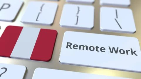 Remote Work text and flag of Peru on the computer keyboard. Telecommuting or Illustrazione stock