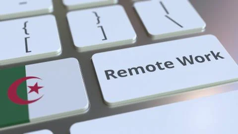 Remote Work text and flag of Algeria on the computer keyboard. Telecommuting or 스톡 일러스트
