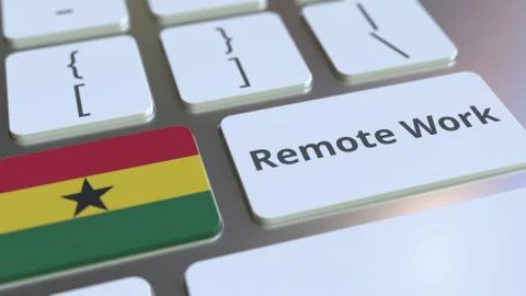 Remote Work text and flag of Ghana on the computer keyboard. Telecommuting or Stock Illustration