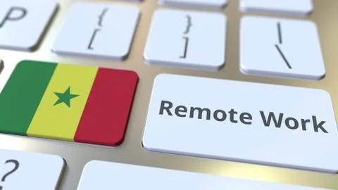Remote Work text and flag of Senegal on the computer keyboard. Telecommuting or Stock Illustration