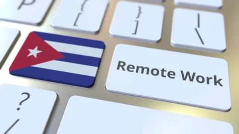 Remote Work text and flag of Cuba on the computer keyboard. Telecommuting or Stock Illustration