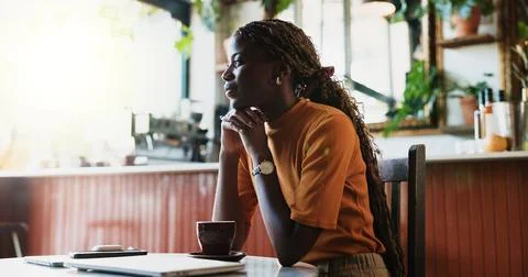 Remote work, thinking and black woman in coffee shop with idea, creative Stock Photos