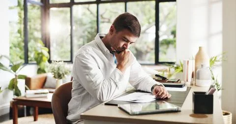 Remote work, thinking and man in home with documents for planning, budget r.. Stock Photos