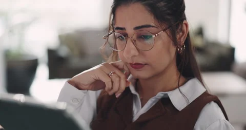 Remote work, thinking and woman in home office with tablet for problem solving Stock Footage 316161289
