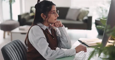 Remote work, thinking and woman in home office with computer for problem solving Stock Footage 316214100