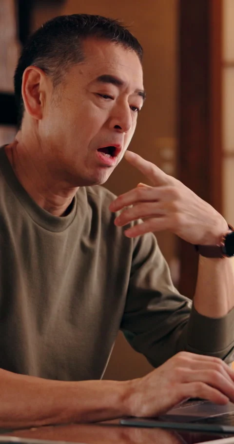 Remote work, thinking or Asian man in home with laptop, report solution or plan Stock Footage 341095441