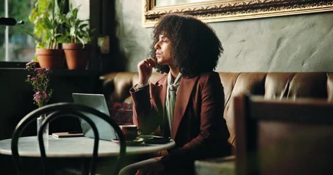 Remote work, thinking or woman in cafe for project draft, problem solving or Stock Footage 312432070