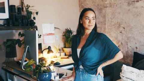 Remote work, thinking or woman with computer in home office, freelancer or .. Stock Photos