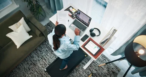 Remote work, treadmill and above of woman for copywriting, editing and article Stock Footage 330164608