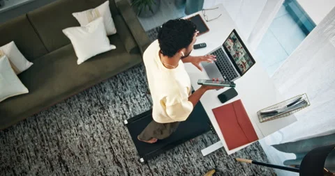 Remote work, treadmill and man on laptop for video call for meeting, interview Stock Footage 330159309