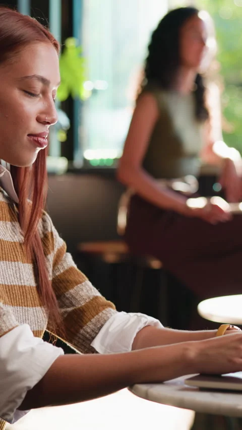 Remote work, typing and woman with laptop in cafe, copywriter and smile with Stock Footage 342247167
