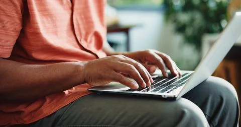 Remote work, typing or hands in home with laptop, insight or edit of news a.. Stock Photos