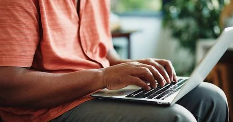 Remote work, typing or hands in house with laptop, insight or edit of news .. Stock Photos
