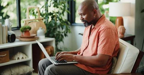 Remote work, typing or journalist in house with laptop, insight or edit of .. Stock Photos